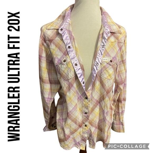 Wrangler Tops - Wrangler Ultra 20X Fit Plaid Multi-Color Button Down Snap Jewel Buttons w/ Laven